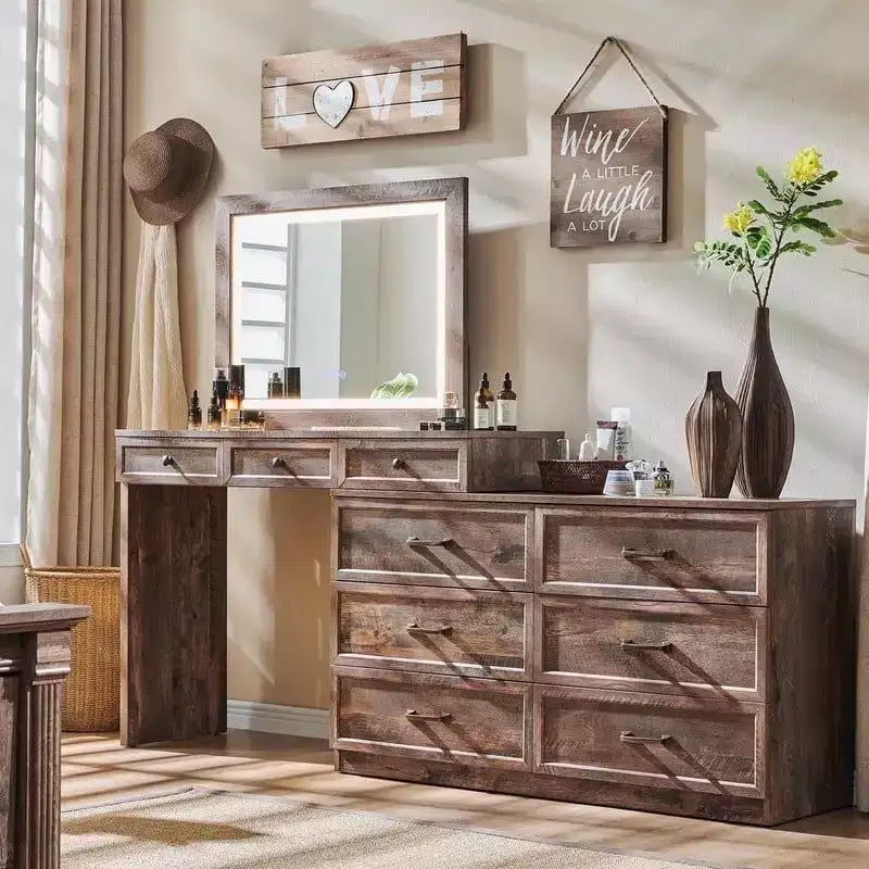 69 W Big Vanity Desk with Glass Top, Farmhouse Makeup Table with 9 Large Storage Drawers, 3 Color Available Light & 30 HD Led Mirror