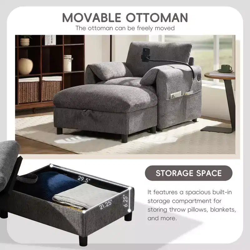 Chenille Single Sofa with Storage Ottoman & Adjustable Phone Holder USB Charging Port, Side Pockets, Pillow-Like Armrests