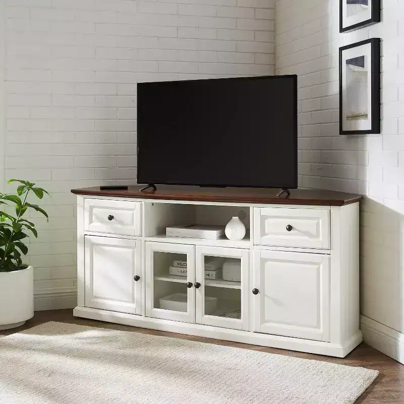 Corner TV Stand for TVs up to 65" White Beveled Glass Doors, Media Storage, Cable Management