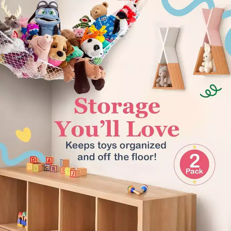 Extra Large 2 Pack Stuffed Animal Net Hammock, Corner Hanging Toy Storage Organizer