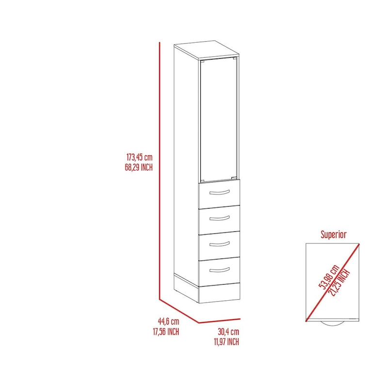 Vanguard Linen Cabinet, Three Shelves, Four Drawers -White