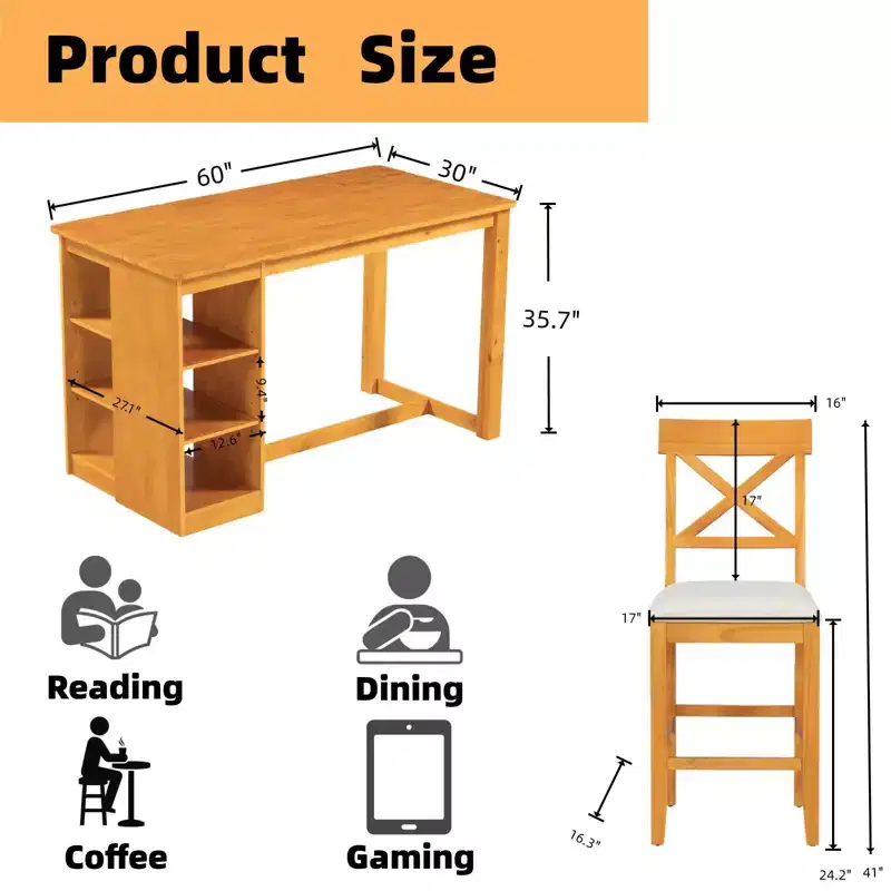FurnitureR Solid Wood Dining Table Set for 4 with Storage Shelves, Rectangular Kitchen Table and 4 Chairs for Dining Room, Breakfast Nook Apartment