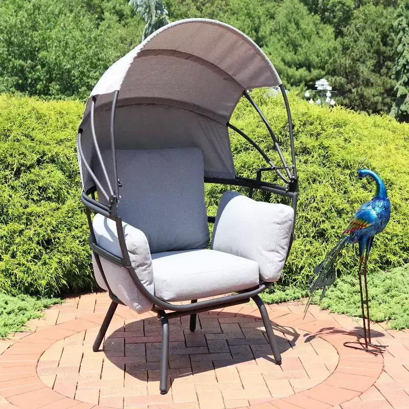 Sunnydaze Modern Luxury Patio Lounge Chair with Retractable Shade - Powder-Coated Aluminum Frame with Polyester Cushions and Canopy