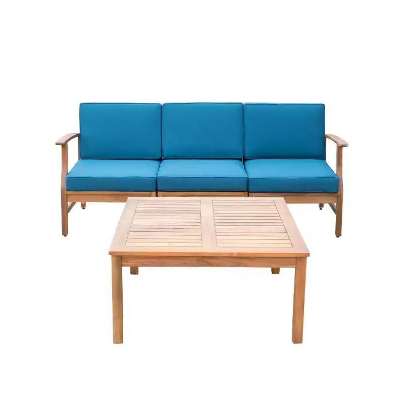 GDFStudio Abena Outdoor Acacia Wood 3 Seater Sofa and Coffee Table Set with Cushions