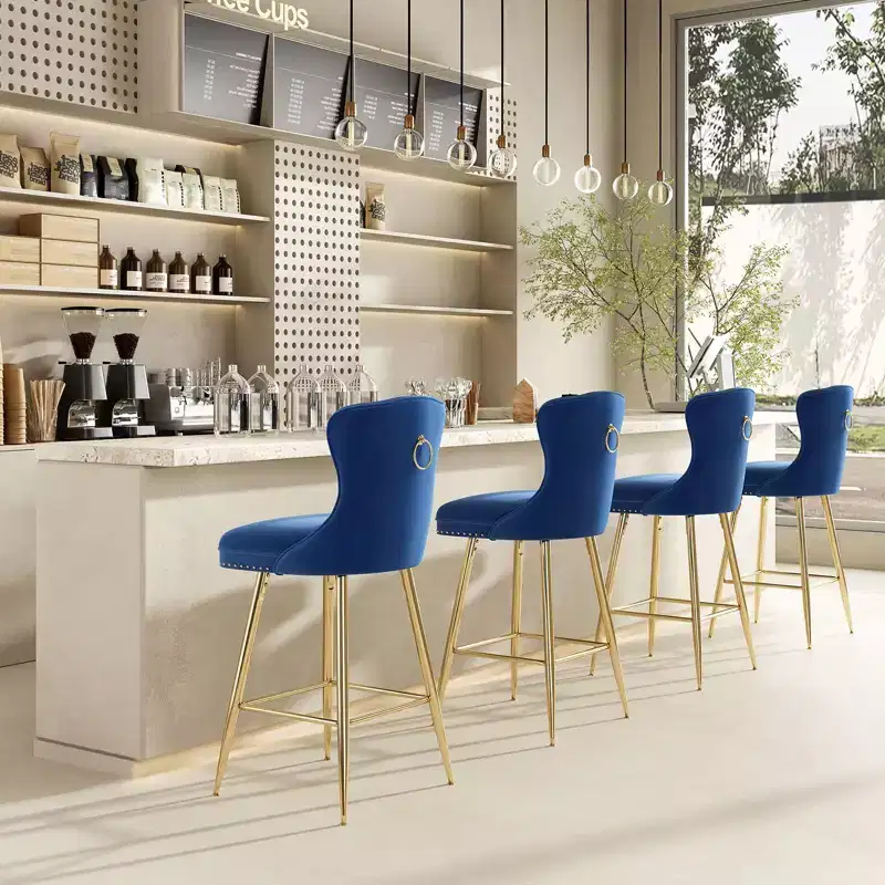 PexFix 2Pcs Bar Stools Velvet Counter Height Bar Stools with Metal Legs Button Tufted and Nailheads Trim Wing-Back Bar Chairs Blue