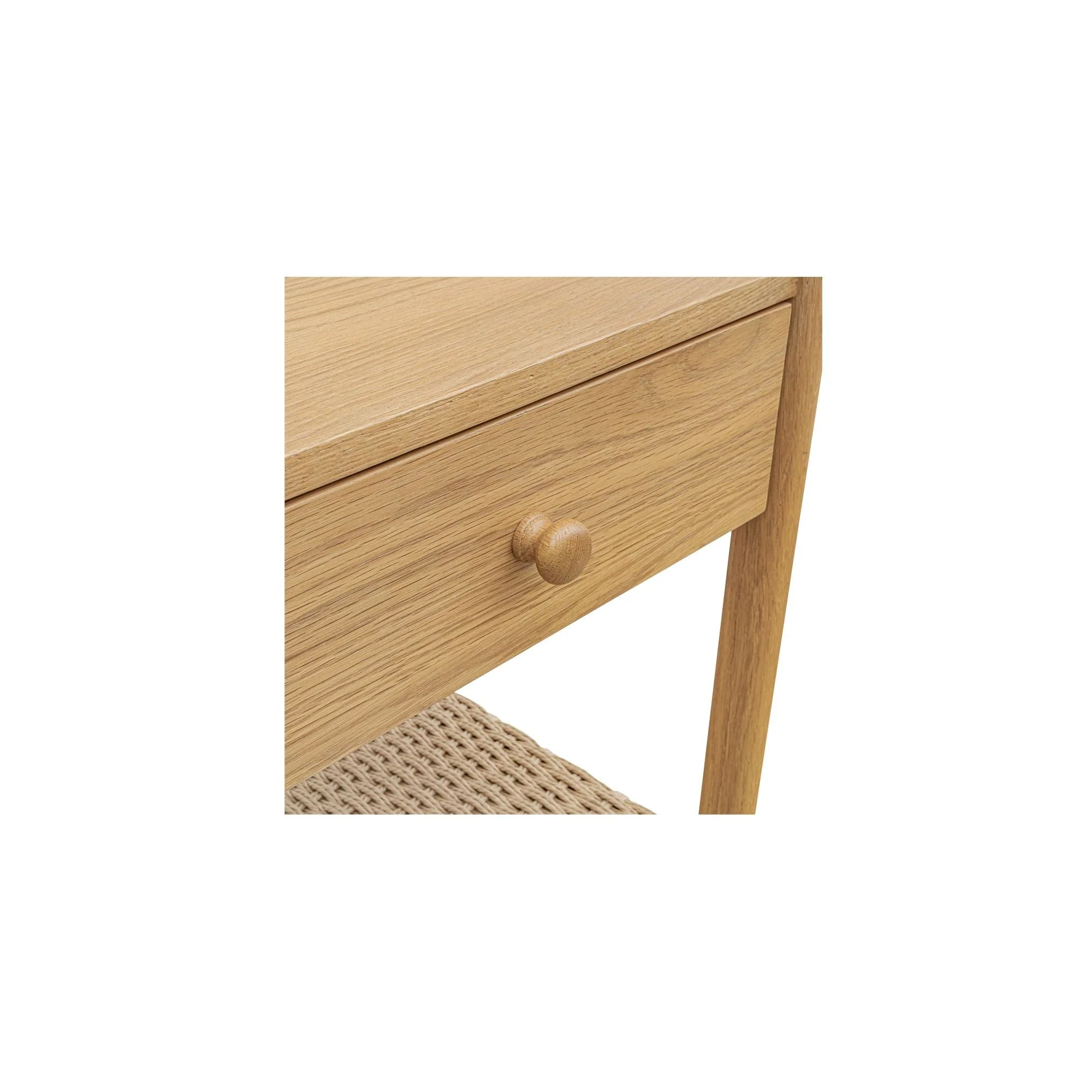 Understated Woven Paper Rope & Solid Oak Nightstand with Soft-Close Drawer & Open Shelf for Bedroom