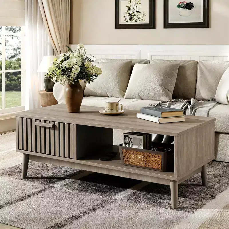 Brown 2-Tier Rectangle Coffee Table with Drawer, Seats 1