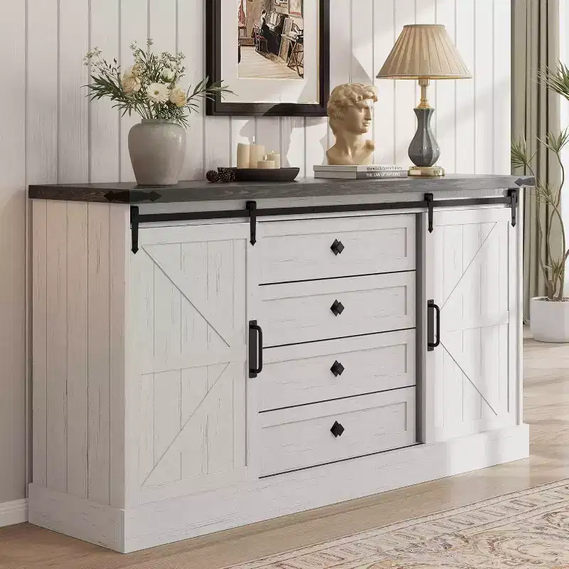 Sideboard Buffet Cabinet with Storage, Farmhouse TV Stand w/Sliding Barn Door, Large Buffet Table for Dining Room, Kitchen and Living Room