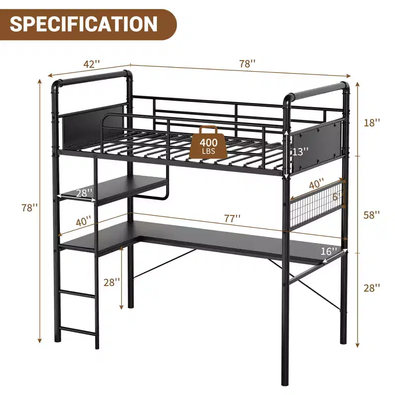 Twin Metal Loft Bed with Desk and Shelves for Teens Adult, Loft Bed Frame with Built-in Ladders, Space-Saving, Safety Guard & Ladder, Noise Free