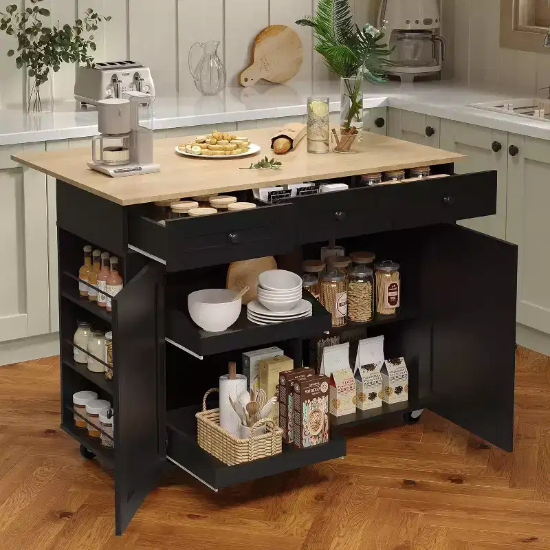 Black / Gray / White Rolling Kitchen Island Cart with Drawers & Power Outlet, for 1 Person