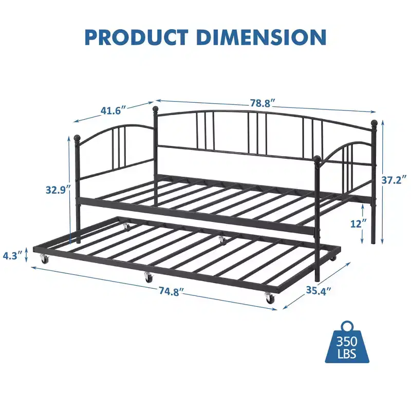 COZONY Daybed with Trundle, Twin Metal Sofa Bed with Steel Slats, Arched Headboard, Space-Saving Guest Bed for Living Room Bedroom, Black