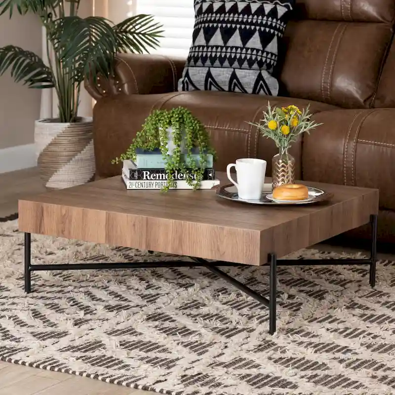 Modern Industrial-Style Coffee Table with Walnut-Finish Wood and Black Metal