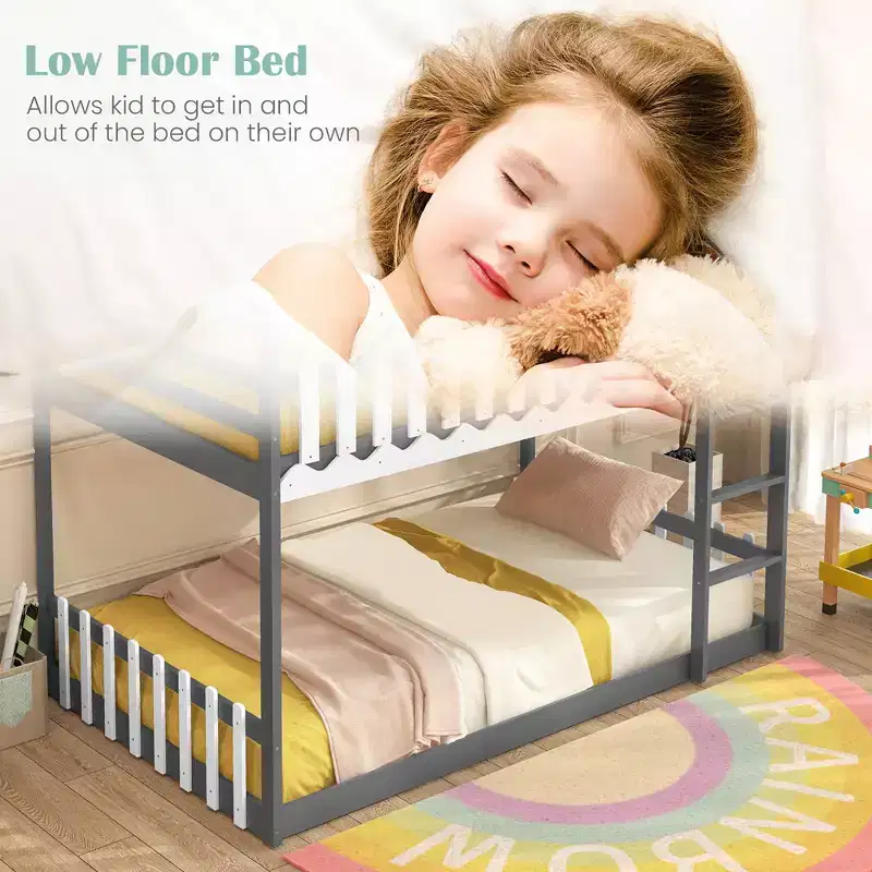 Twin Over Twin House Bunk Bed with Fence & Ladder - Solid Wood, Gray