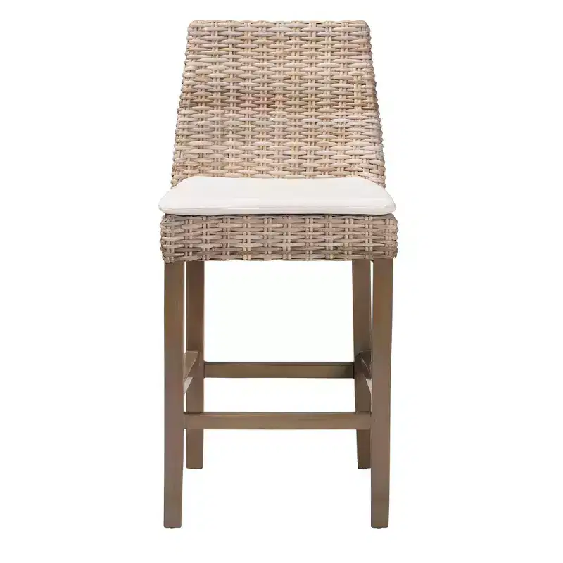 Rattan & Mahogany Counter Stool with Removable Cushion & Footrest, Boho, 18.1