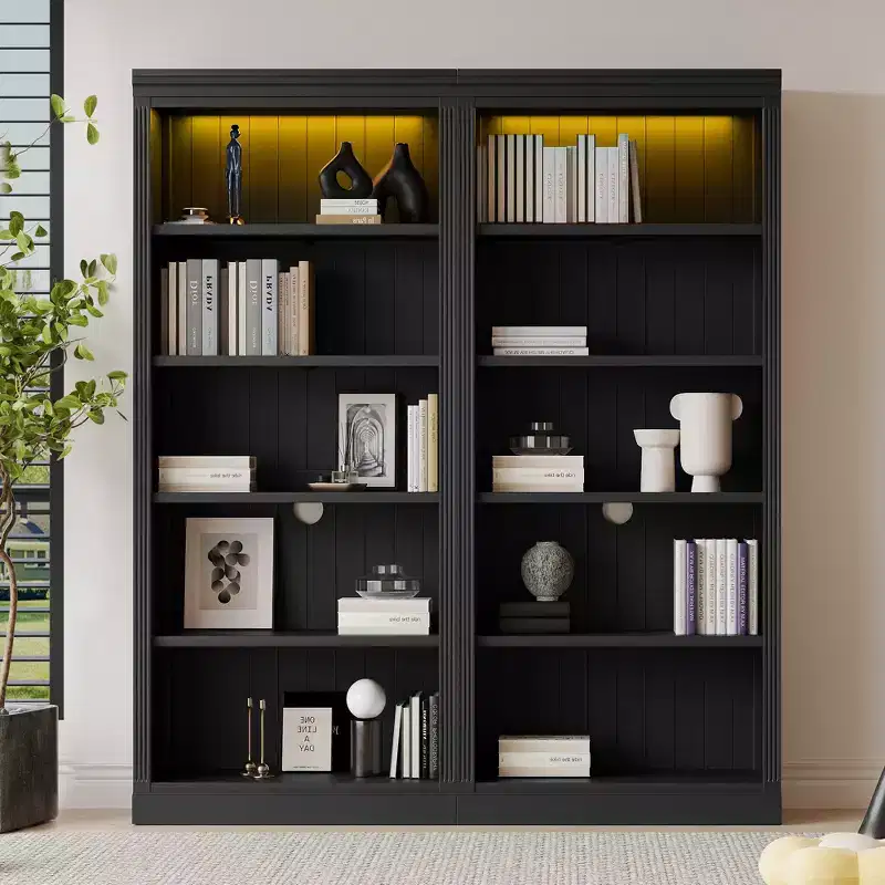 83.4 Tall Wooden Bookcase with LED Light Strip, 5-Tier Adjustable Bookshelves & Storage Organizer for Living Room & Home Office