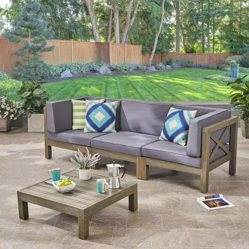 Brava 4pc Acacia Modular Sofa and Table Set: Weather-Resistant, Cross-Back - Christopher Knight Home