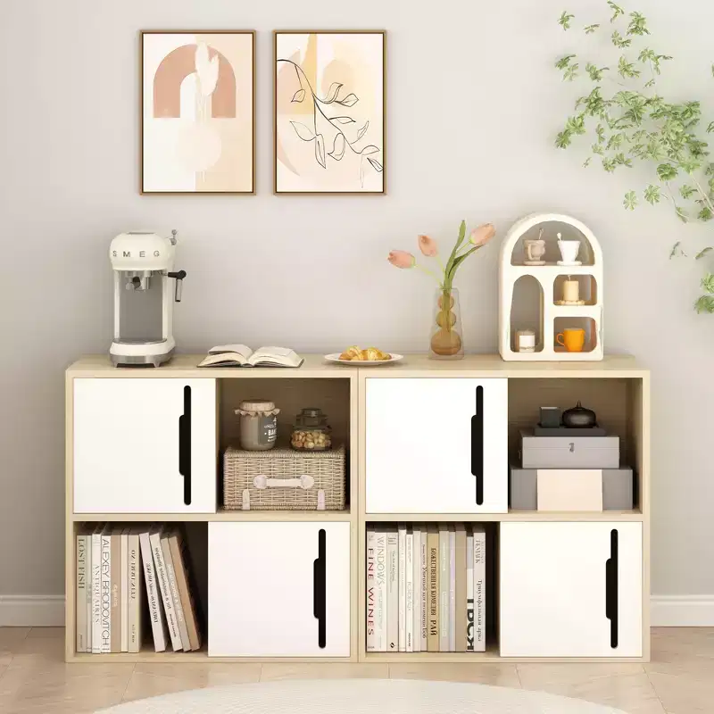 Sideboard Storage Cabinet Buffet Cabinet Accent Cabinet with Sliding Doors, 2-Tier Open & Closed Shelves Organizer, Natural+White - ModernLuxe