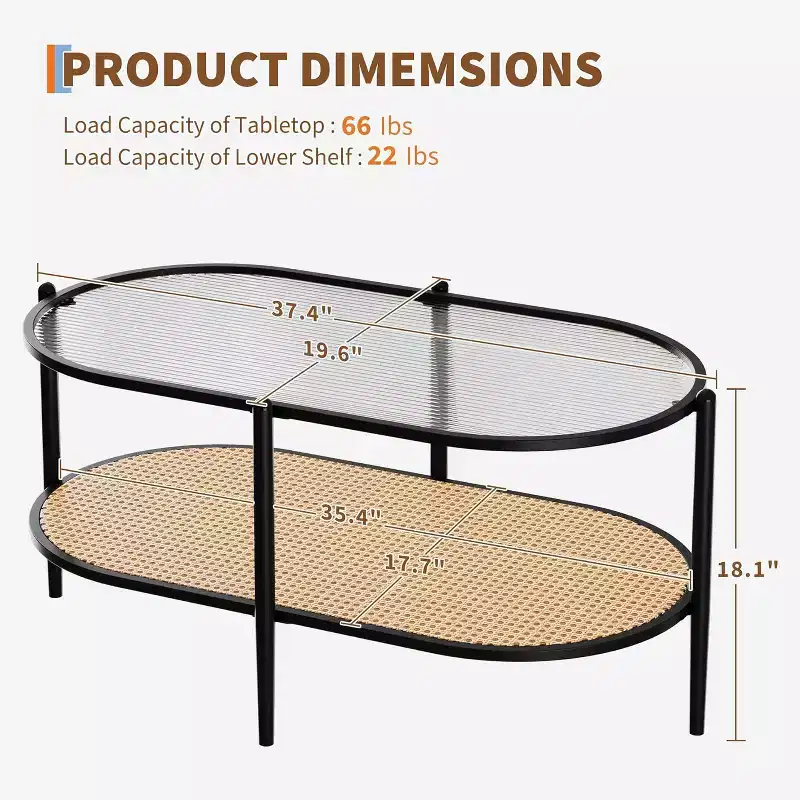 Boho Rattan Coffee Table with Glass Top,Oval 2-Tier Center Table with Metal Frame & Lower Storage Shelf,Rustic Farmhouse Accent Table for Living Room