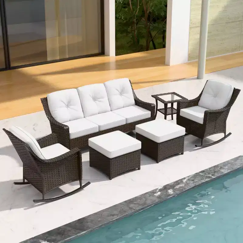 EAGLE PEAK Azure Bay 6 Pieces Wicker Outdoor Patio Furniture Set, Sofa and Rocking Chairs with Ottomans and Side Table