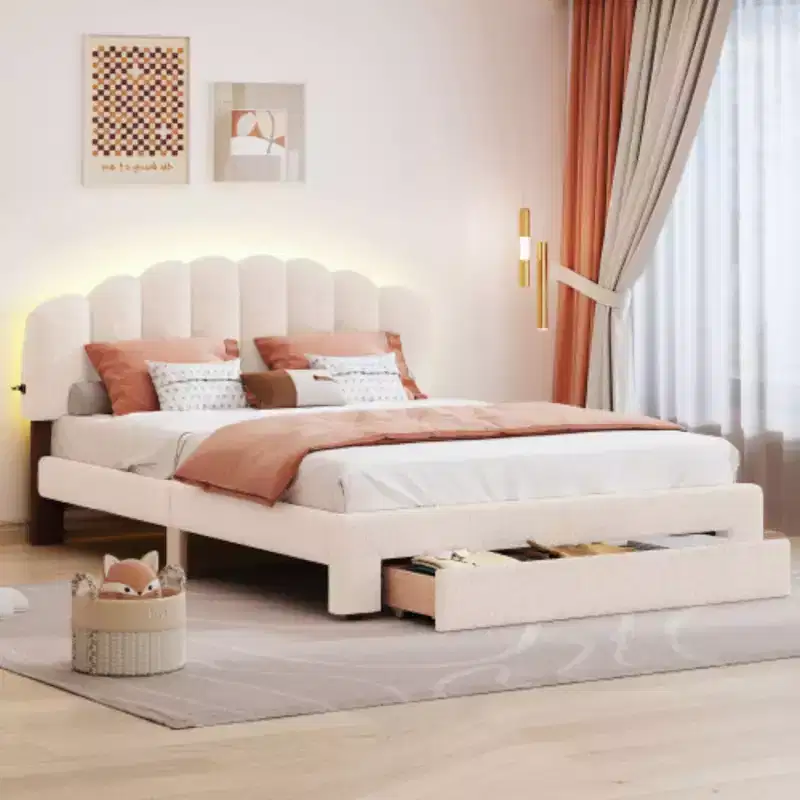 Beige Teddy Fleece Queen Size Upholstered Platform Bed with Drawer