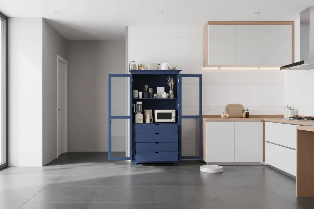 44.7x20x75 Inch Kitchen Pantry, Freestanding Storage Cabinet with Glass Doors and 4 Built-in Drawers for Living Room