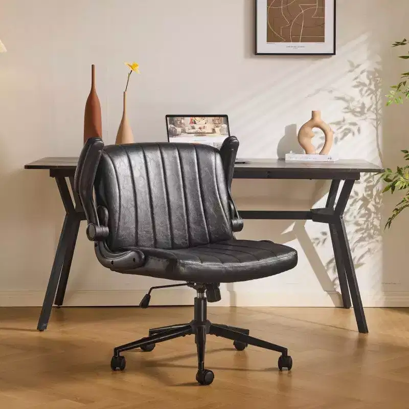 Oil-Waxed Leather Swivel Chair With Flip-Up Armrests