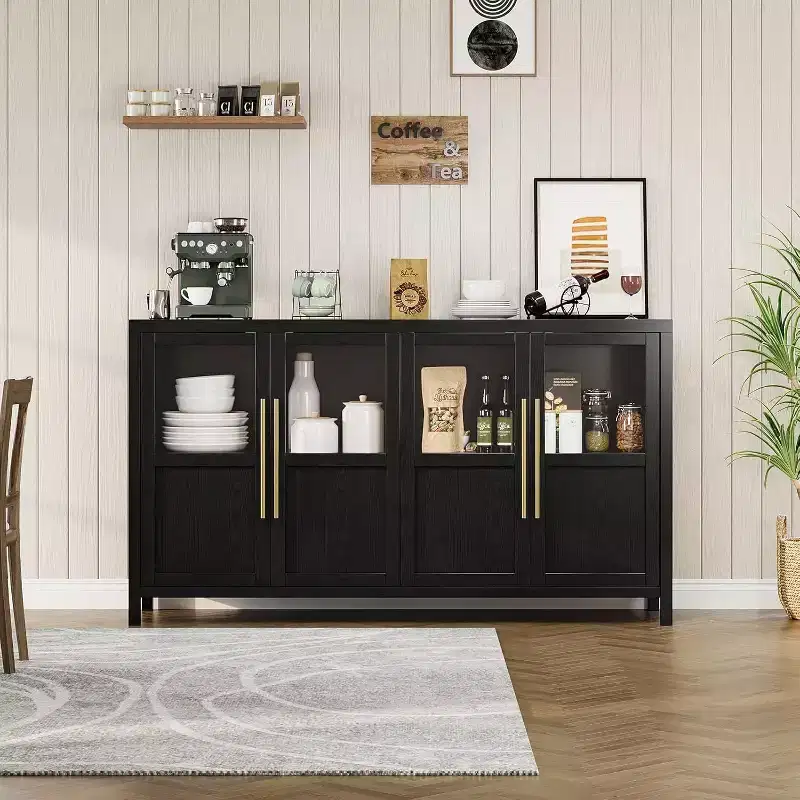 55 Farmhouse Storage Cabinet 4 Glass Door Sideboard with Shelves, Slim Kitchen & Dining Organizer in Crisp White