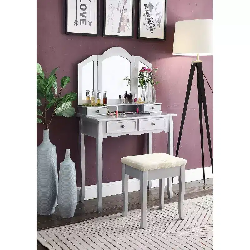 Sanlo Silver Wooden Vanity, Make Up Table and Stool Set