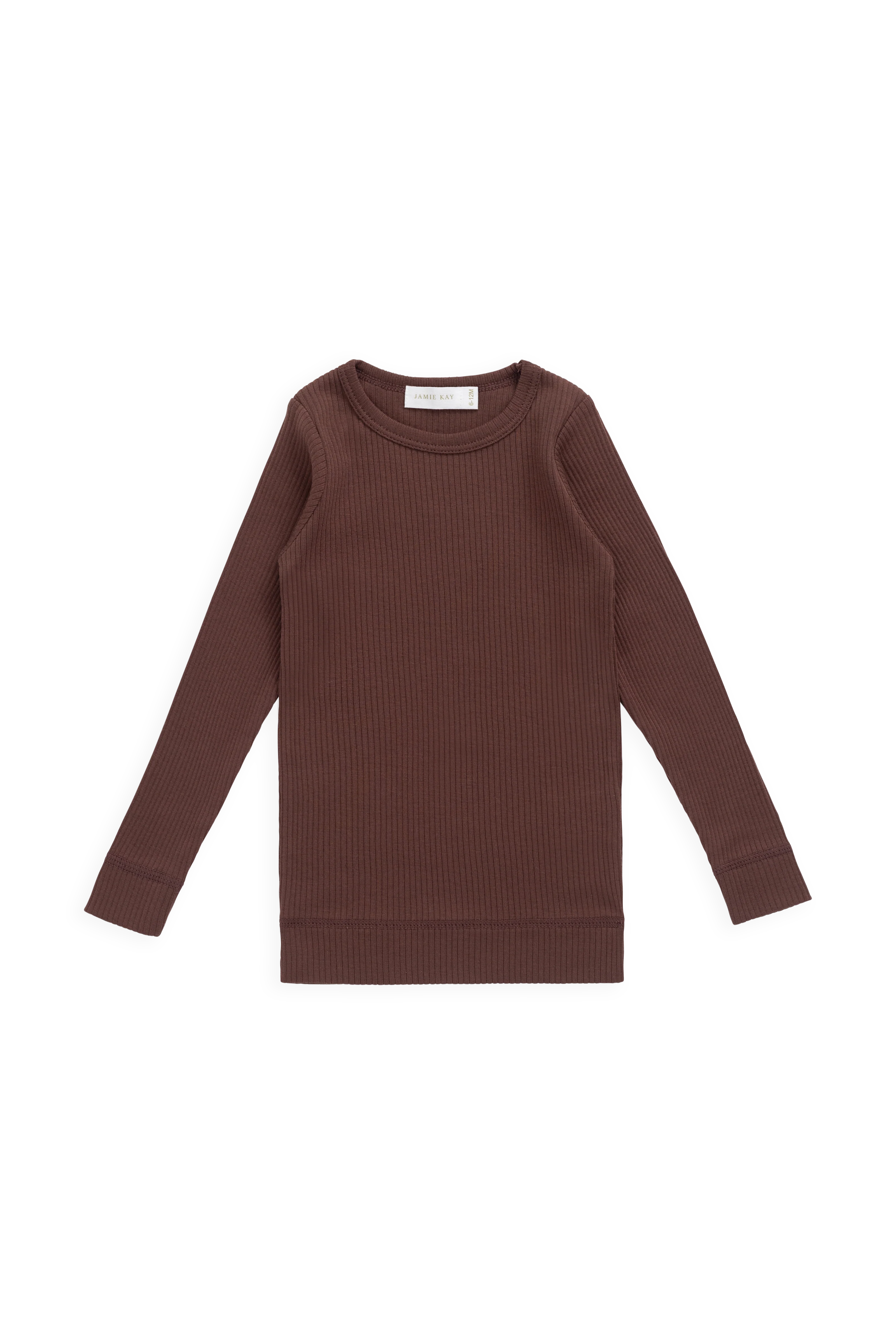 Earthy Burnt Cinnamon Ribbed Organic Cotton-Modal Long Sleeve Top with Button Placket for Layering NB–10Y