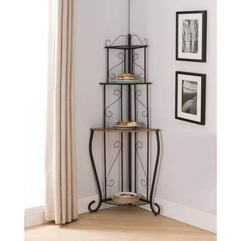 4-Tier Kitchen Storage Corner Baker's Rack with Walnut Wood Finish Shelf, Black