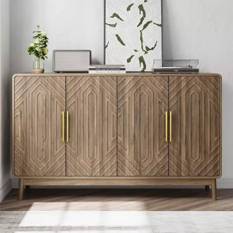 Mid-Century Modern Sideboard Buffet with 4 Doors, Carved Geometric Pattern & Gold Handles, Walnut