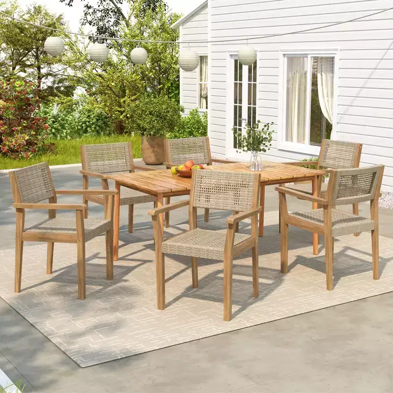 7PCS Outdoor Dining Set Patio Furniture Set with 6 Wicker Chairs & 1 Teak-Finish Dining Table, Acacia Wood Tabletop - ModernLuxe