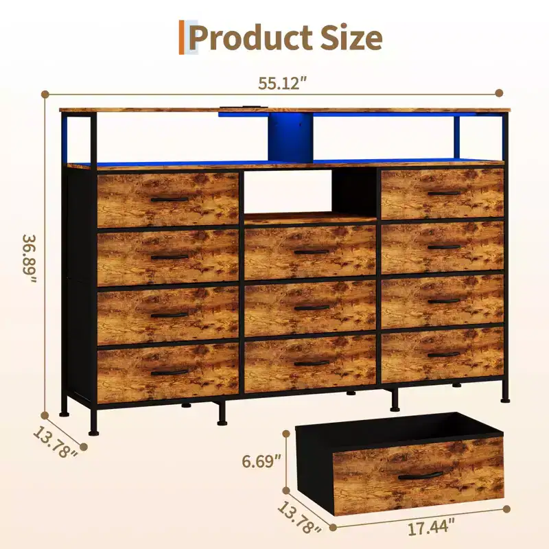 11-Drawer Fabric Dresser with Lights & Charging Station, Wood Top Chest of Drawers with Open Shelves, Storage Organizer for Bedroom