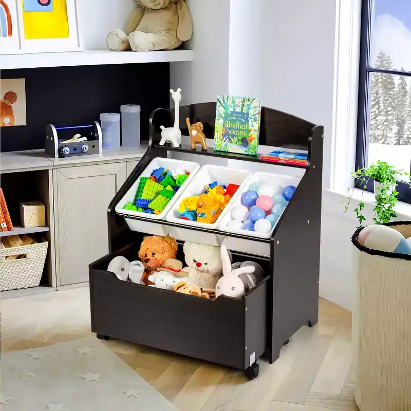 Kids Wooden Toy Storage Unit Organizer w/Rolling Toy Box & Plastic Bins Natural\Espresso