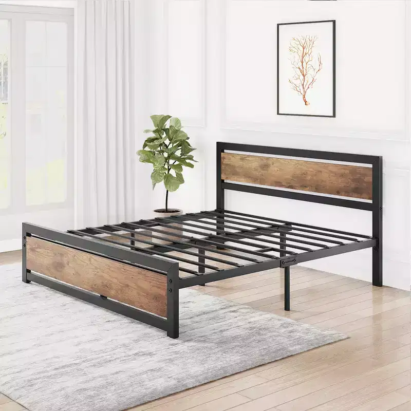 Metal Platform Bed Frame with Wooden Headboard and Footboard