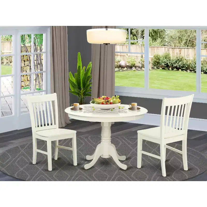 Small Space Dinette Set - 3 Piece Round Table & Chairs - Linen White - Antique Accents