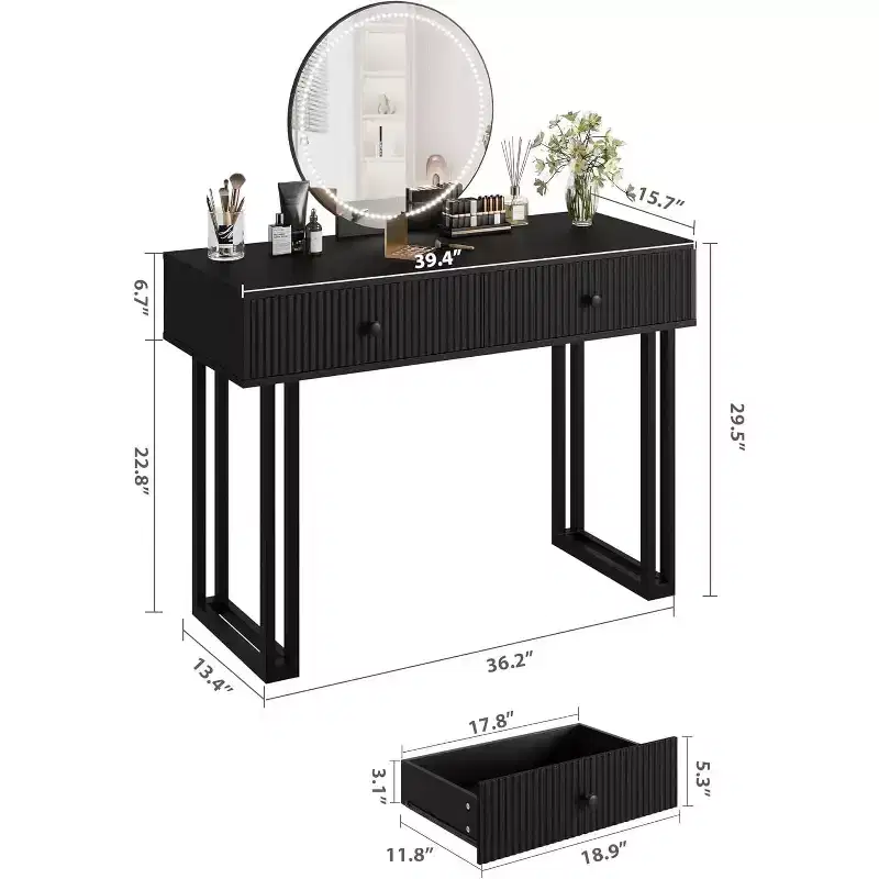 Vanity Makeup Desk with Round Mirror, 40 Small Modern Vanity Desk, Dressing Table with 2 Drawers, Compact Vanity Desk for Bedroom