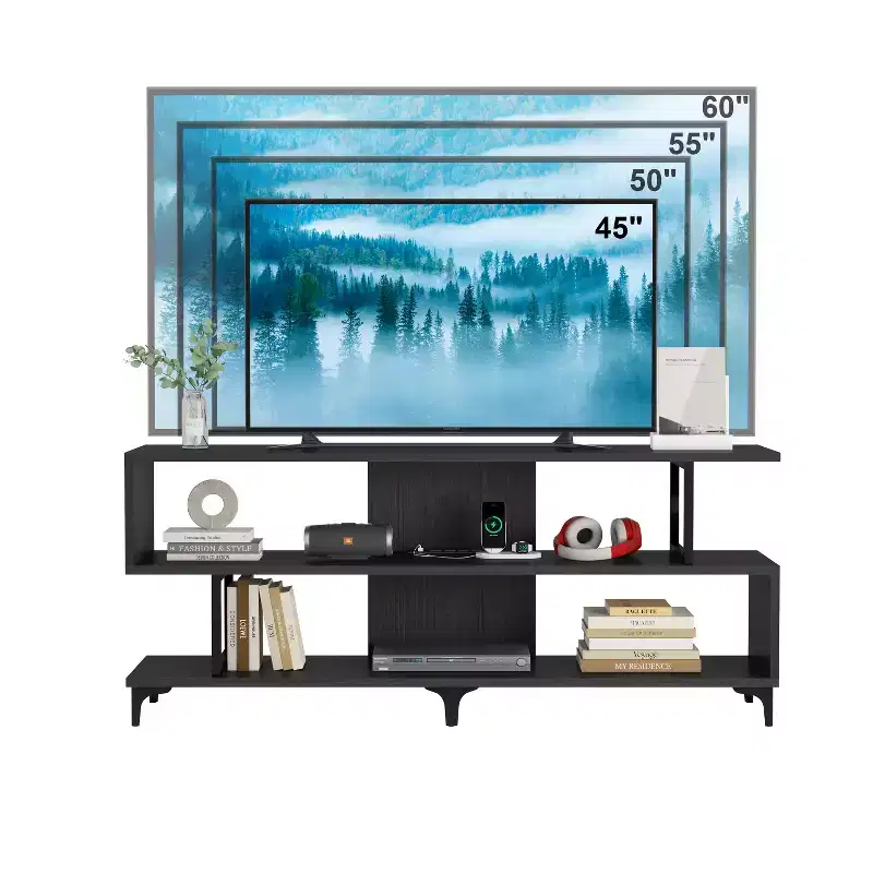 TV Stand for up to 60 Inch TVs, Modern Entertainment Center with Open Shelf, Charging Station, 4 Power Outlet & 2 USB Ports, for Living Room Bedroom