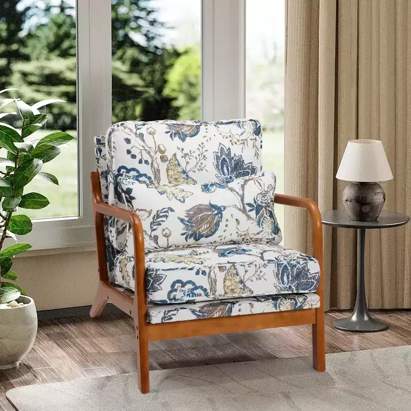 EROMMY Mid Century Solid Wood Accent Chair Upholstered Armchair With Lumbar Support Pillow