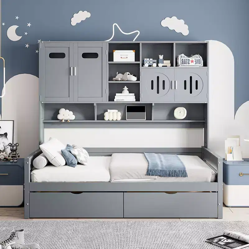 Twin/Full Size Wooden Daybed with 2 Drawers, All-in-One Cabinet and Shelves - ModernLuxe