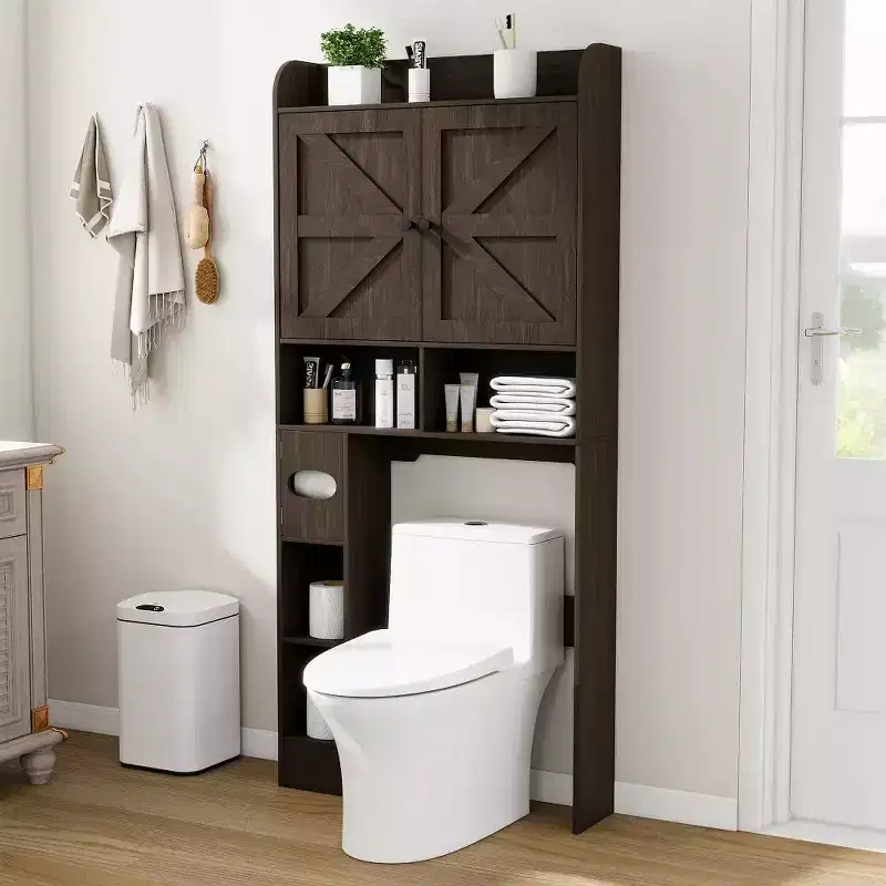 Dyonery Over The Toilet Storage Cabinet with Barn Doors, Farmhouse Bathroom Space-Saving Organizer with Toilet Paper Holder & Adjustable Shelf