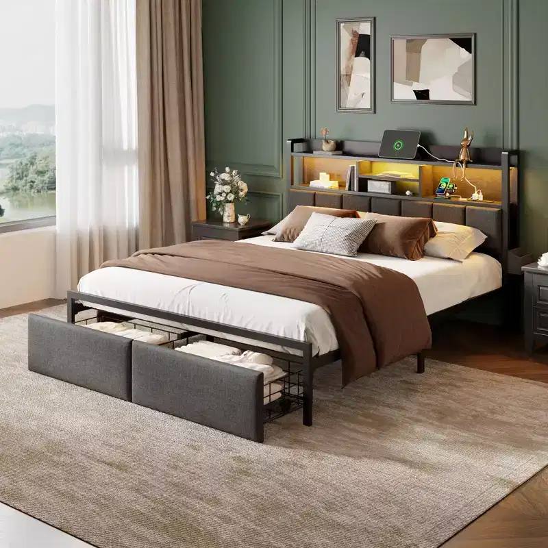 Queen Size Upholstered Bed Frame with LED Lights Charging Station Storage Drawers Headboard Shelf Heavy Duty Metal Platform No Box Spring Needed