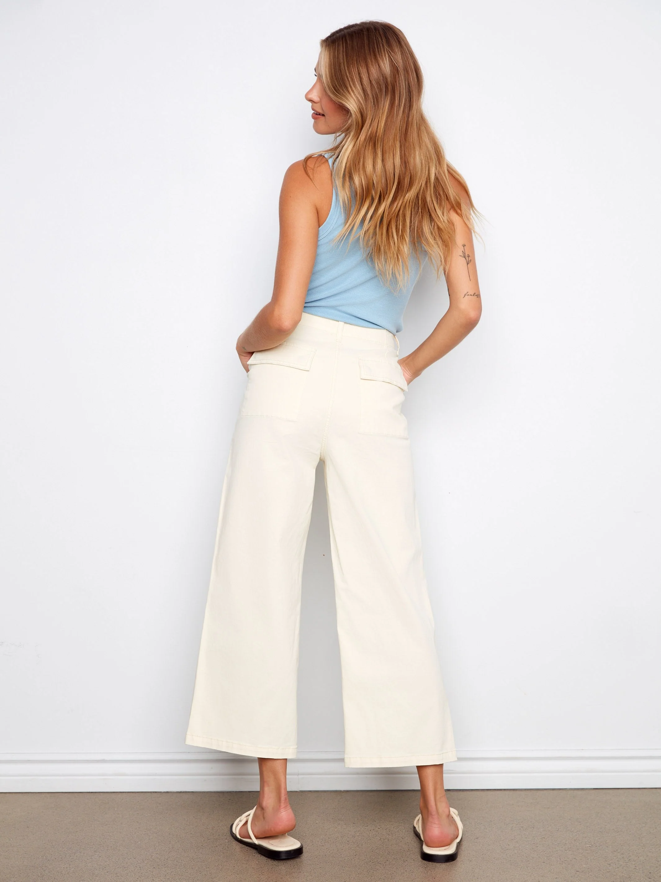 Cropped Utility Pocket Twill Pants - Natural