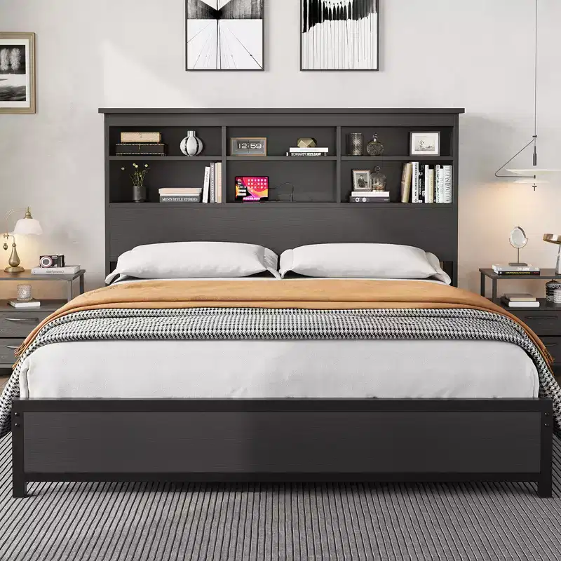King Size Bed Frame with Bookcase Headboard, King Platform Bed with 2-tier Storage & Charging Station, No Box Spring Needed Easy AssembleBlack