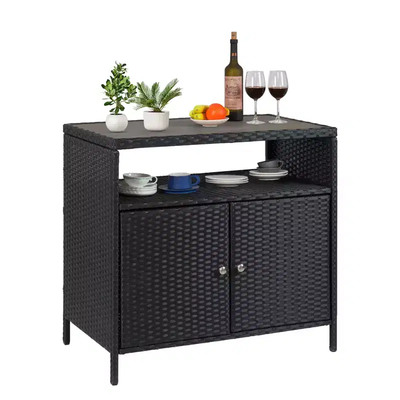 Outdoor Wicker Storage Cabinet with Shelving Unit Double-Door Waterproof Wicker Bar Table Ideal for Patios, Poolsides, and Gardens