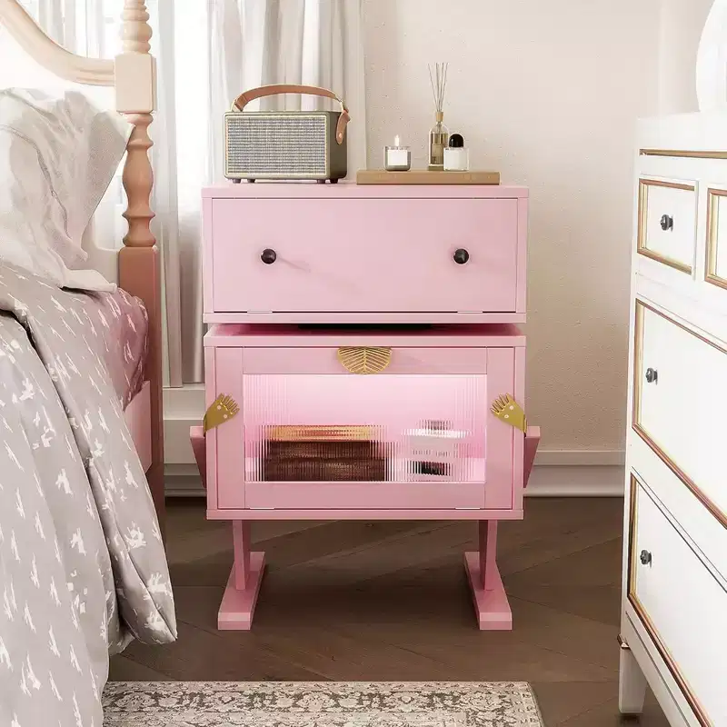 Nightstand with LED Light Strips, Rotating Drawer & Glass Door, Pink