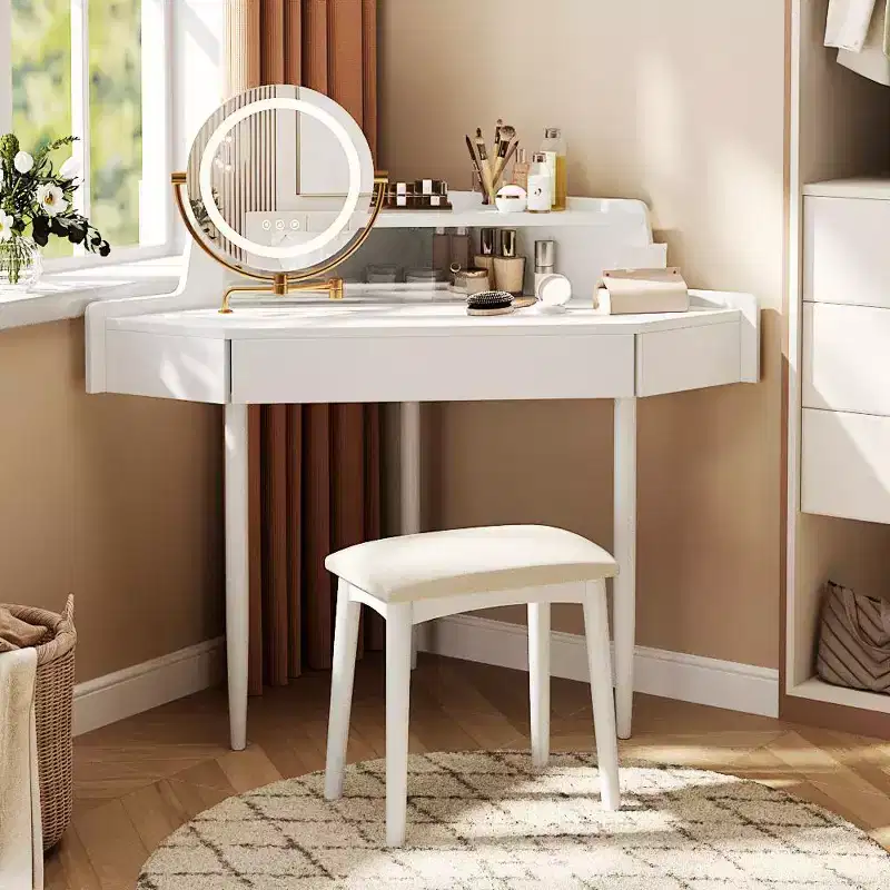 Okak Elegent Corner Vanity with Padding Stool, Makeup Vanity with Ample Storage, Space-Saving Compact Vanity for Bedroom, White