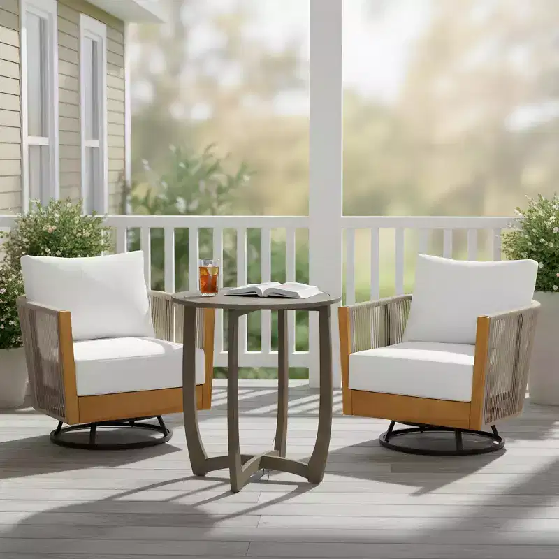 Christopher Knight Home Rahul Modern 3 Piece Acacia Patio Swivel Chairs with Rope Design and Bistro Table Set