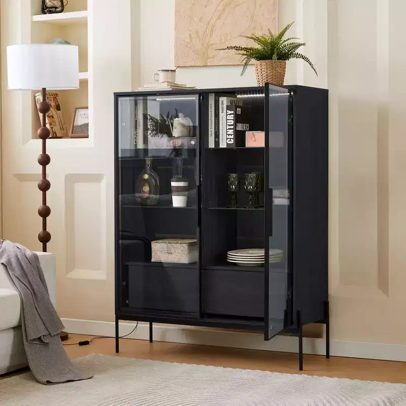Okak Freestanding Sideboard Pantry Cabinet with Glass Door & LED, 4-Tier Display Curio Cabinet with 2 Drawers for Living Room Kitchen