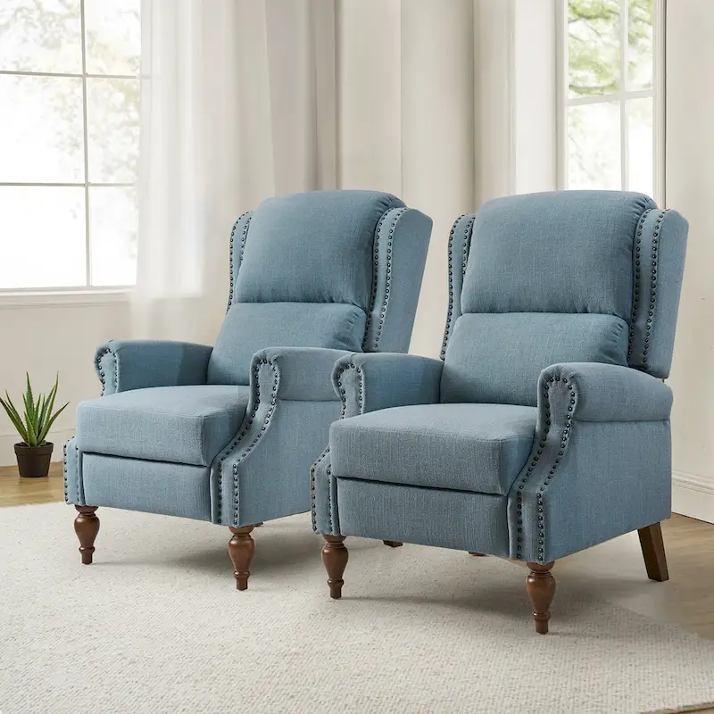 Traditional Roll Arm Manual Recliner with Solid Wood Legs